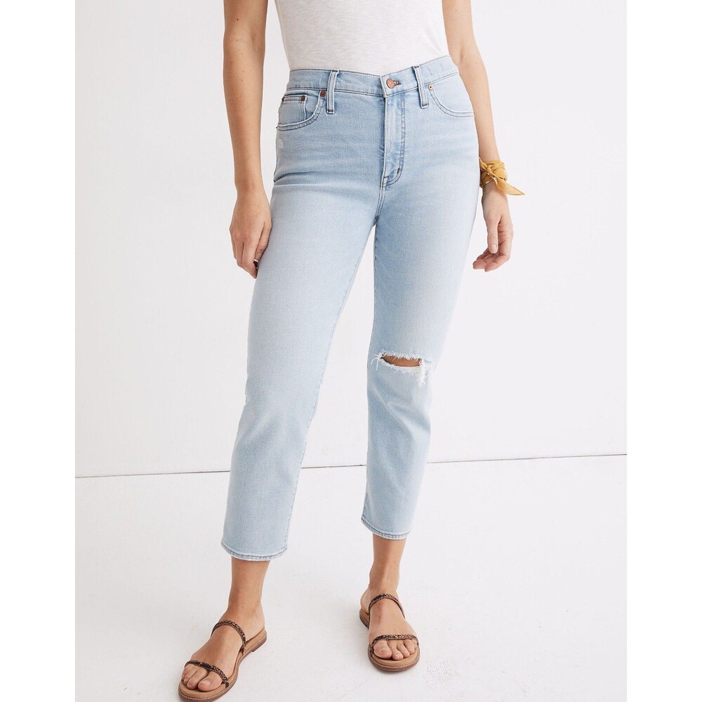 Madewell Mid Rise Classic Straight Jeans Womens 24 Light Wash Crop Knee Rip EUC